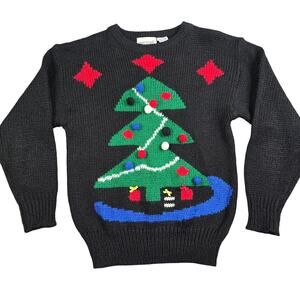 Vintage 90's Ugly Christmas Knit Sweater Women's Medium Black Tree Ornaments